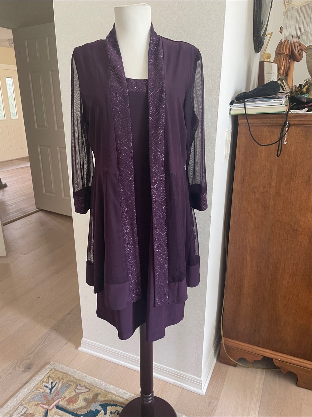 R&M Richards Plum Layered Midi Dress with Sheer Sleeve Jacket
